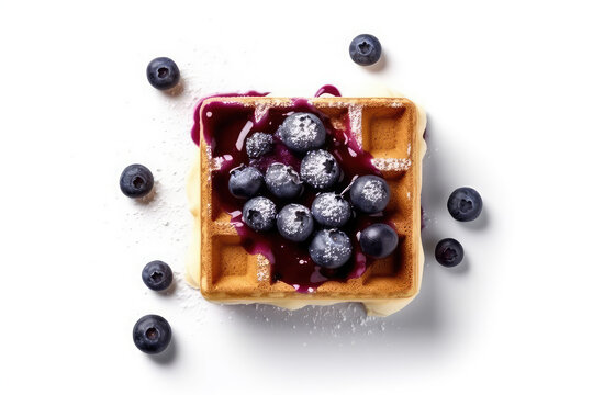 Delicious browned Belgian waffle with fresh blueberries and berry sauce isolated on a white flat background.