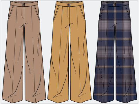 WIDE LEG SLOUCHY FIT BOTTOM WITH PLEATED FRONT AND REGULAR WAIST IN CHECKERED PLAID PATTERN DESIGNED FOR WOMEN AND TEENS WEAR IN EDITABLE FILE