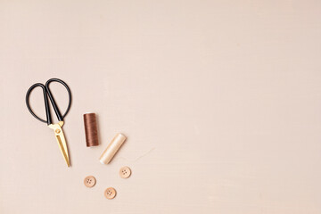 Sewing supplies and accessories for needlework. Craft hobby background. Recomforting, destressing hobby