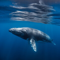 Obraz premium A little whale swimming in the sea. Generative AI Image
