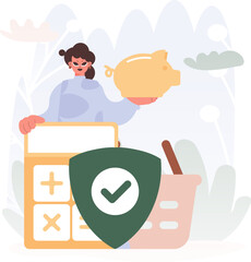 Cash related Security Shield. Eager lady with Piggy Bank, Calculator, and Jokester.