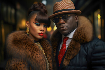 Portrait of a couple in the city - Timeless Luxury and Urban Sophistication: Stylish Fur-Coated Couple Poses in Contemporary Realist Portrait. Generative AI. - obrazy, fototapety, plakaty