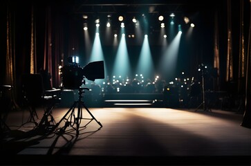 A stage with a microphone and a stage with lights Generative AI