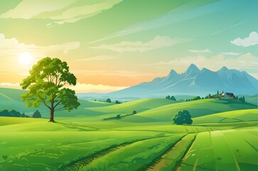 A green field with a tree and mountains in the background Generative AI