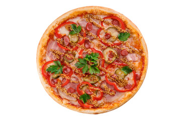 pizza with bacon, hunting sausages, Dijon mustard, sweet pepper, mozzarella on a white background for the food delivery site menu