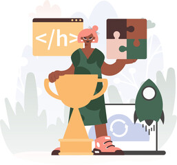 Triumphant Minutes. Energetic woman with Flabbergast and Holder of Triumph.