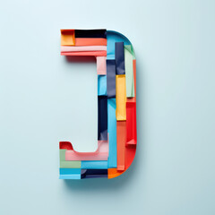 colourful letter J made from craft sticky tape, collage font typography, typeface letter, bright, neon