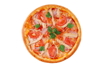 pizza with mozzarella, tomato, chicken fillet and ham on white background for food delivery website menu 1