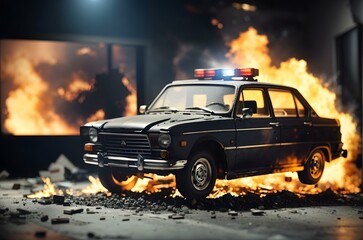 Fototapeta premium A police car on fire Generative AI