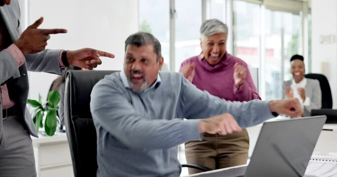 Man in office with laptop, applause and dancing for news of success, goal or bonus announcement. Congratulations, celebration and support for target achievement, business people in winning cheers.