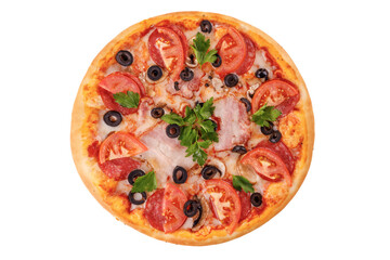 pizza with mozzarella, tomato, pepperoni, olives and ham on white background for food delivery website menu