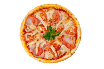 pizza with mozzarella, tomato, chicken fillet and ham on white background for food delivery website menu