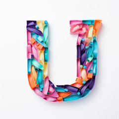 colourful letter U made from craft sticky tape, collage font typography, typeface letter, bright, neon
