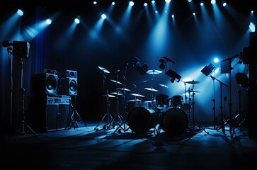A stage with a drum set and speakers Generative AI