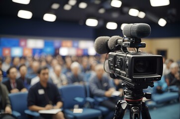 A camera on a tripod in front of a crowd of people Generative AI