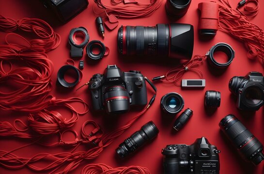 A group of cameras on a red blanket Generative AI