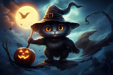 Fototapeta premium Cute black cat dressed as Halloween witch flying on broom in night sky in front of full moon