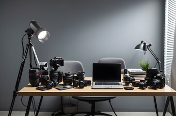 Fototapeta na wymiar A laptop and camera on a desk Generative AI
