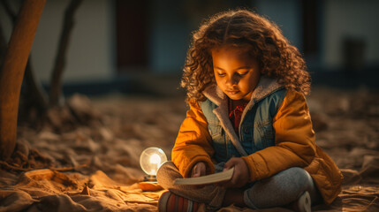 A girl reading a book under the light of a solar-powered lamp, symbolizing the importance of education in breaking the cycle of poverty Generative AI