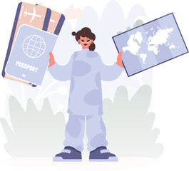 Travel of Association. Plenteous woman with Around the world id and Discussion around Tickets.