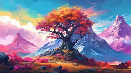 Fototapeta na wymiar digital painting of a mountain with a colorful tree