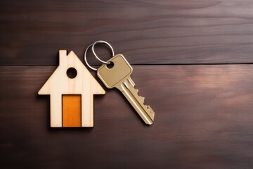 Flat wooden key paired with a house - shaped keychain placed on a dark wooden background.