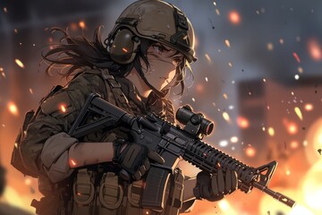 Courageous female soldier with rifle in hands, explosions and dust in background, Generative AI
