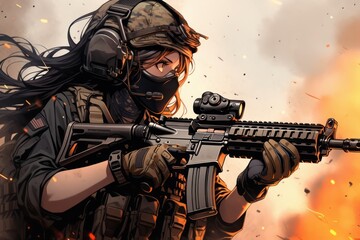 Obraz premium Courageous female soldier with rifle in hands, explosions and dust in background, Generative AI