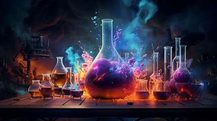 beautiful abstract background during experiments in a chemical laboratory in neon colors. Generative Ai. 