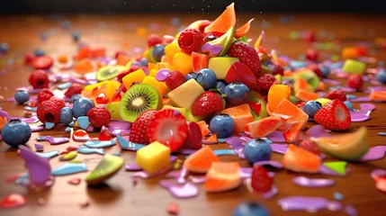 Poster Fruit salad spilling on the floor was a mess of vibrant colors and textures © fitriyatul