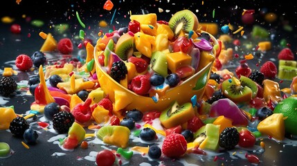 Fruit salad spilling on the floor was a mess of vibrant colors and textures
