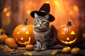 Funny tabby cat with green eyes in wizard hat sits on ground covered with colourful leaves near orange glowing yellow pumpkin against backdrop of magical autumn forest. Halloween celebration concept - Powered by Adobe