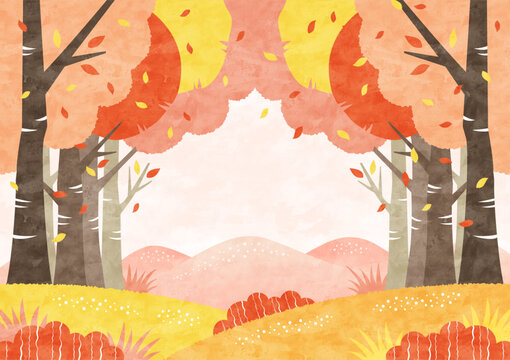 紅葉した木々が彩る秋の森の風景 自然あふれる水彩背景イラスト
