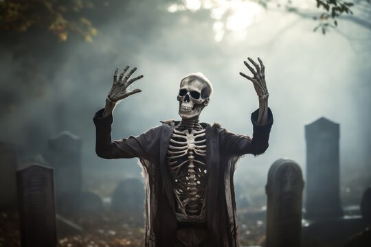 Halloween - Skeleton Inviting A Zombies Party In Cemetery With Foggy Forest