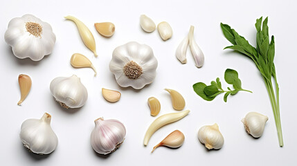 garlic and herbs on a white background,
  view from above. Generative Ai. 