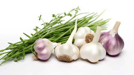 garlic and a bunch of parsley on a white background. Generative Ai. 