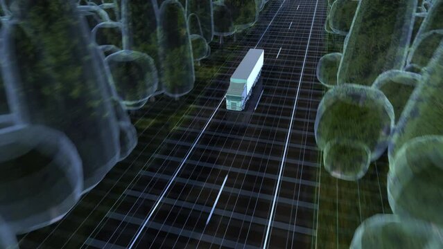 Fast self driving truck scans environment for obstacles, concept of quick autonomous collision avoidance and detection. Sensors reveal position of road lines and trees while driving quickly.