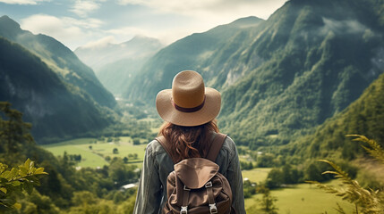 Fototapeta na wymiar a woman in a hat with a backpack admires the mountain landscape on a sunny day. Generative Ai. 