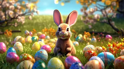 Foto op Aluminium Happy bunny with many easter eggs on grass festive generative ai © fitriyatul