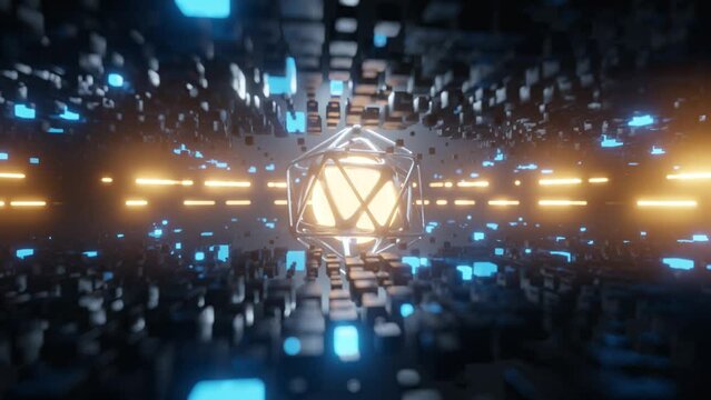 Abstract background, soft focus. A fantastic sphere of metal hexagons in the center. Abstract illustration.
The idea of energy, the core of cosmic forces. 3d rendering loop.