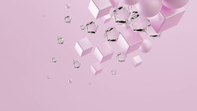 Modern Abstract, Chaotic composition cube, sphere, polygonal background, geometric futuristic, pink, crystal, diamond, jewelry elements. 3d render picture.