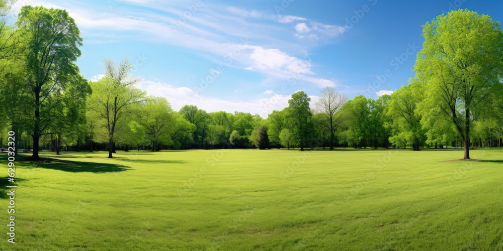 Wall mural Beautiful and large manicured lawn surrounded by trees and bushes on a bright summer day