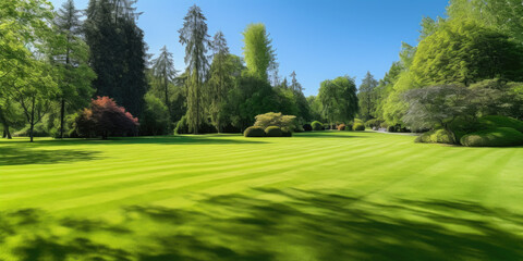 Fototapeta na wymiar Beautiful and large manicured lawn surrounded by trees and bushes on a bright summer day