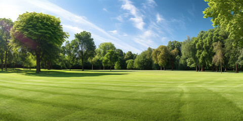 Beautiful and large manicured lawn surrounded by trees and bushes on a bright summer day