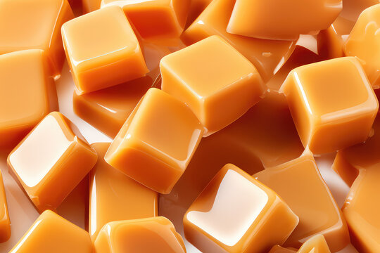 Creamy milky caramel pieces wallpaper. Yummy background with caramel praline cubes texture. Sweet candies backdrop.
