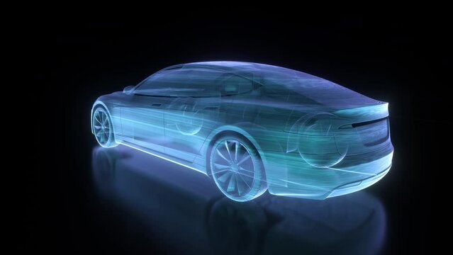 Hologram of a car on reflective floor. Camera moves slowly showing wireframe view of an isolated vehicle standing on dark background.