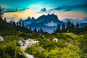 Hiking trail at Sorapis lake with mystic view on Cadini di Misurina in the background in the...