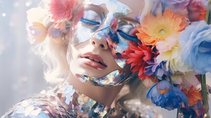 Futuristic Botanica: An Otherworldly Female Model Graced with Iridescent Foil and Captivating Realistic Flowers.