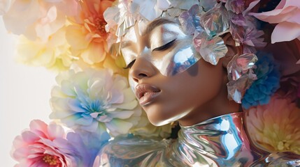 Futuristic Botanica: An Otherworldly Female Model Graced with Iridescent Foil and Captivating Realistic Flowers.