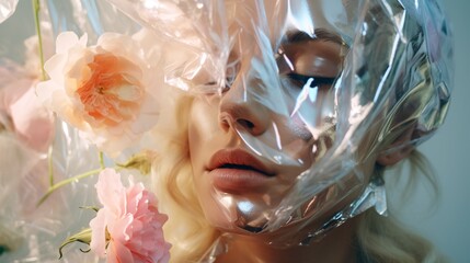 Futuristic Botanica: An Otherworldly Female Model Graced with Iridescent Foil and Captivating Realistic Flowers.